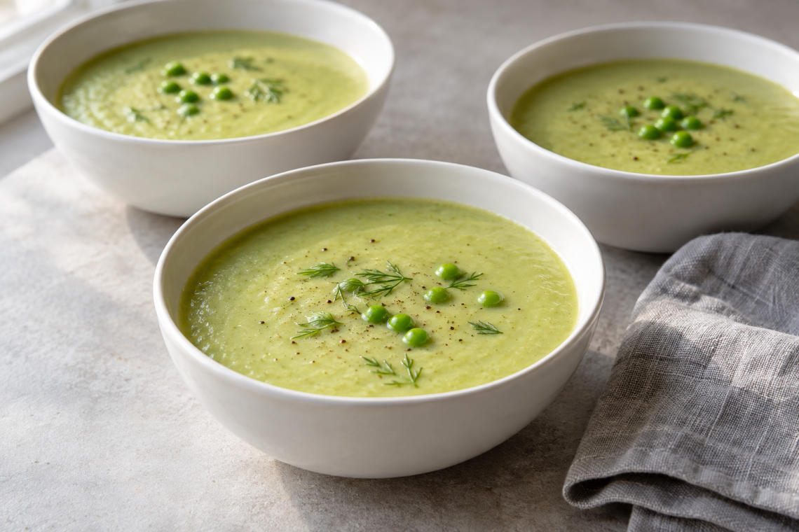 Smooth frozen cauliflower pea soup without heavy cream, finished with cooked peas, dill and black pepper