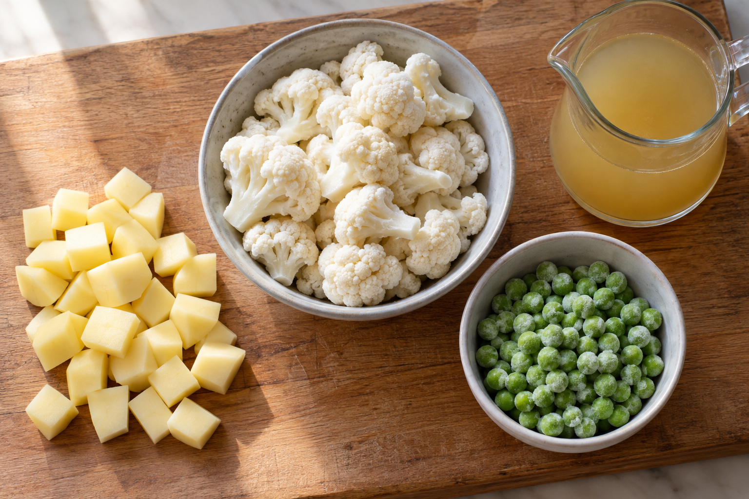 Potato, cauliflower, peas and broth for frozen cauliflower pea soup without heavy cream