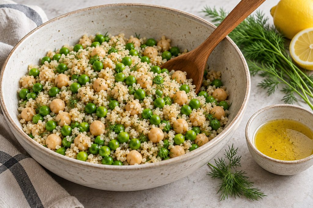 A wide mixing bowl with fluffy quinoa, cooked peas, whole chickpeas, and a spoon for gentle folding.