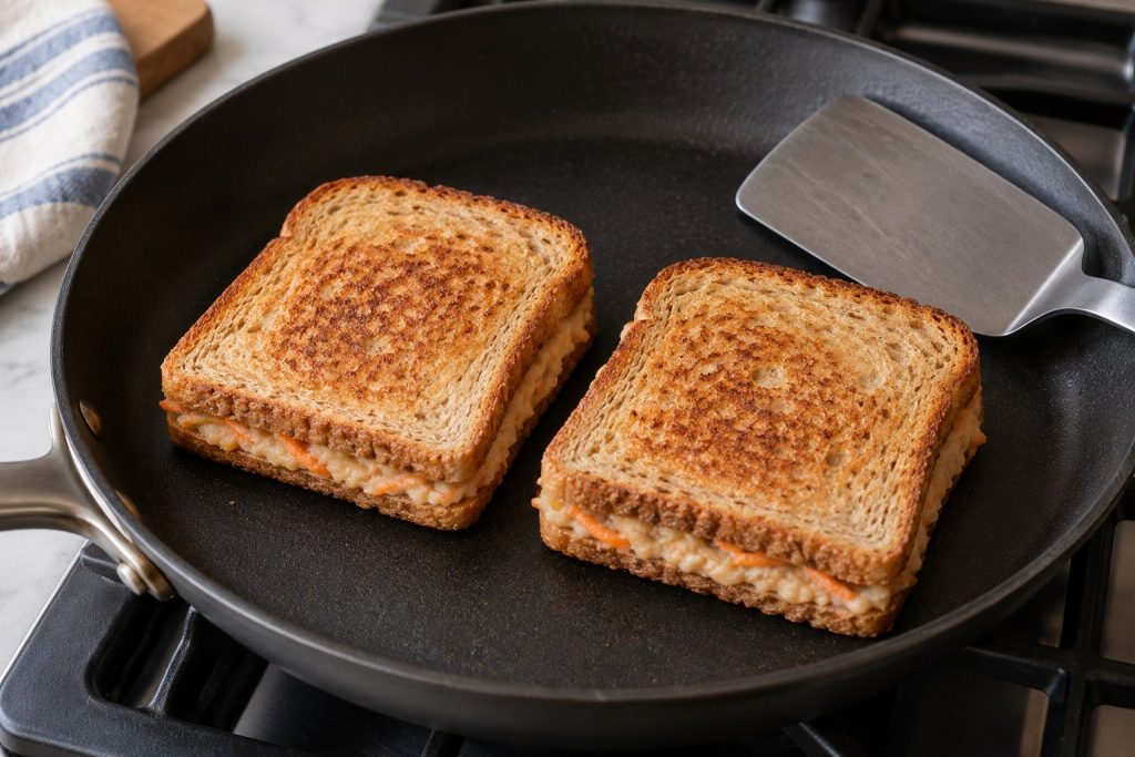 Two bean and carrot sandwiches in a wide dry skillet, with lightly golden bread and a wide spatula nearby.