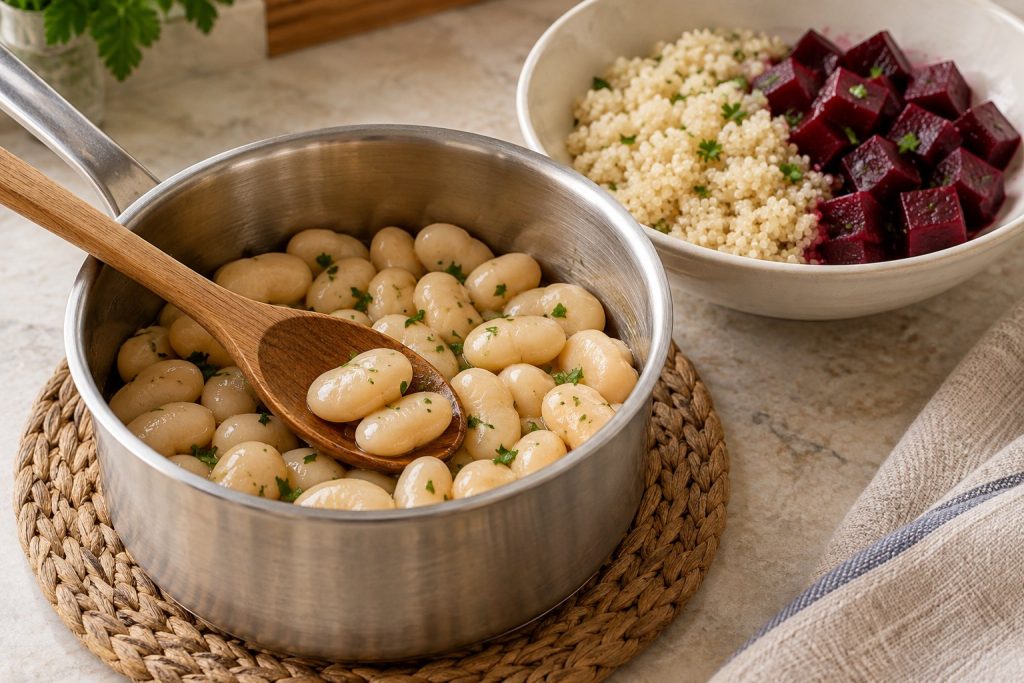 Whole ivory butter beans in a small saucepan beside a bowl of pale quinoa and cooked beet cubes kept apart.