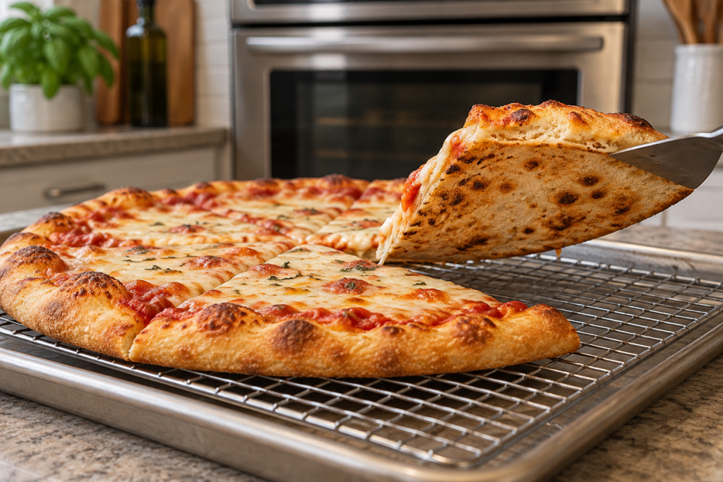 Homemade cheese pizza with a slice lifted to show the browned underside beside a home oven