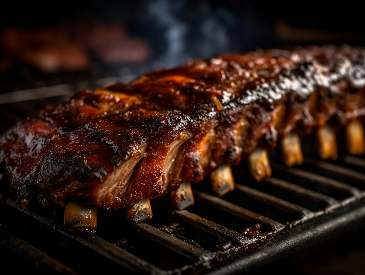 Glazed pork rib rack on grill grates in the how to know when ribs are done guide