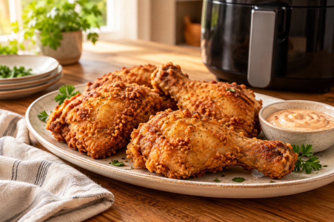 Golden fried chicken platter for how to reheat fried chicken in air fryer