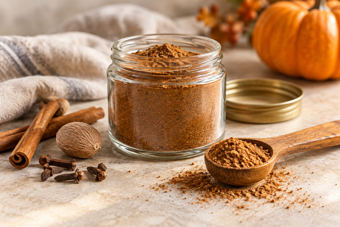 Glass jar of homemade pumpkin spice with a wooden spoon, cinnamon sticks, nutmeg and cloves.