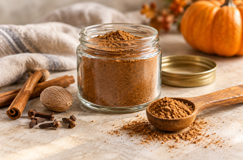 Glass jar of homemade pumpkin spice with a wooden spoon, cinnamon sticks, nutmeg and cloves.
