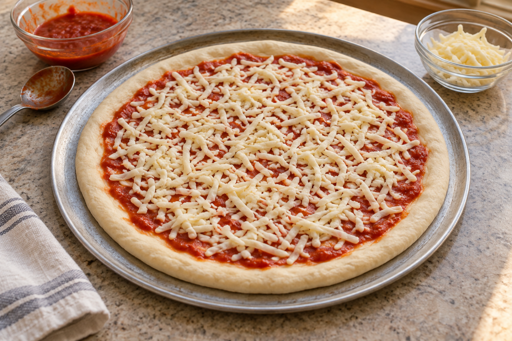 How to prepare homemade pizza with tomato sauce and shredded mozzarella, leaving a bare rim