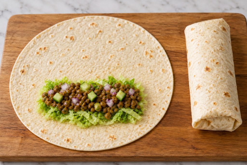 An open flour tortilla with lettuce and lentil cucumber filling across its lower third, beside a finished rolled wrap.