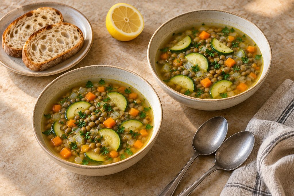Two bowls of lemon lentil zucchini soup with whole lentils, zucchini half-moons and diced carrot, with bread served separately.