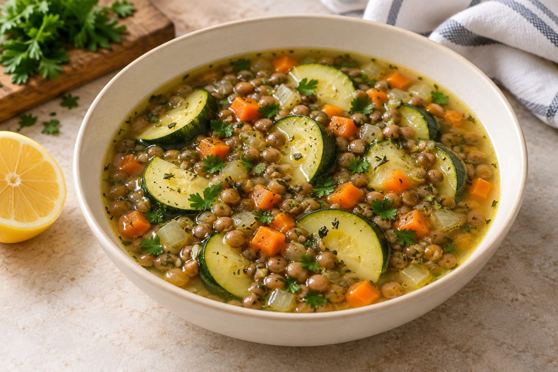 Lemon lentil zucchini soup with whole brown lentils, zucchini slices and diced carrot in a light broth.