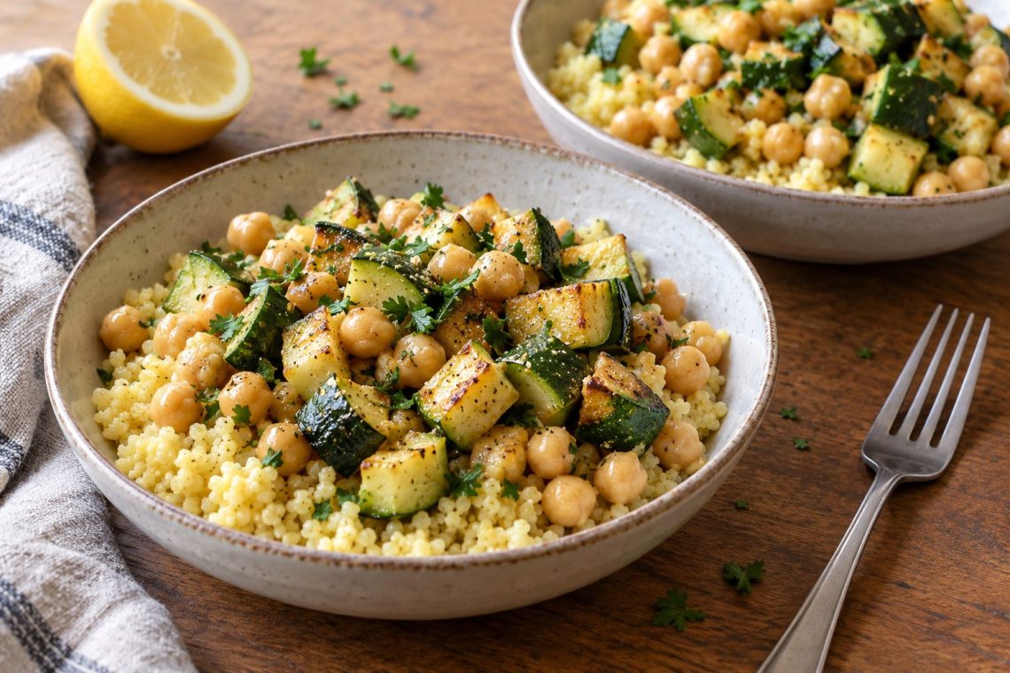 Two bowls of fluffy millet with chickpeas, golden zucchini cubes, and chopped parsley.