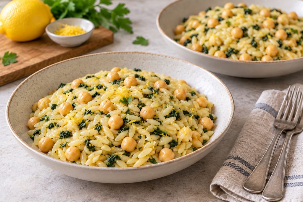 Two bowls of glossy orzo with whole chickpeas, finely chopped spinach and a little lemon zest.