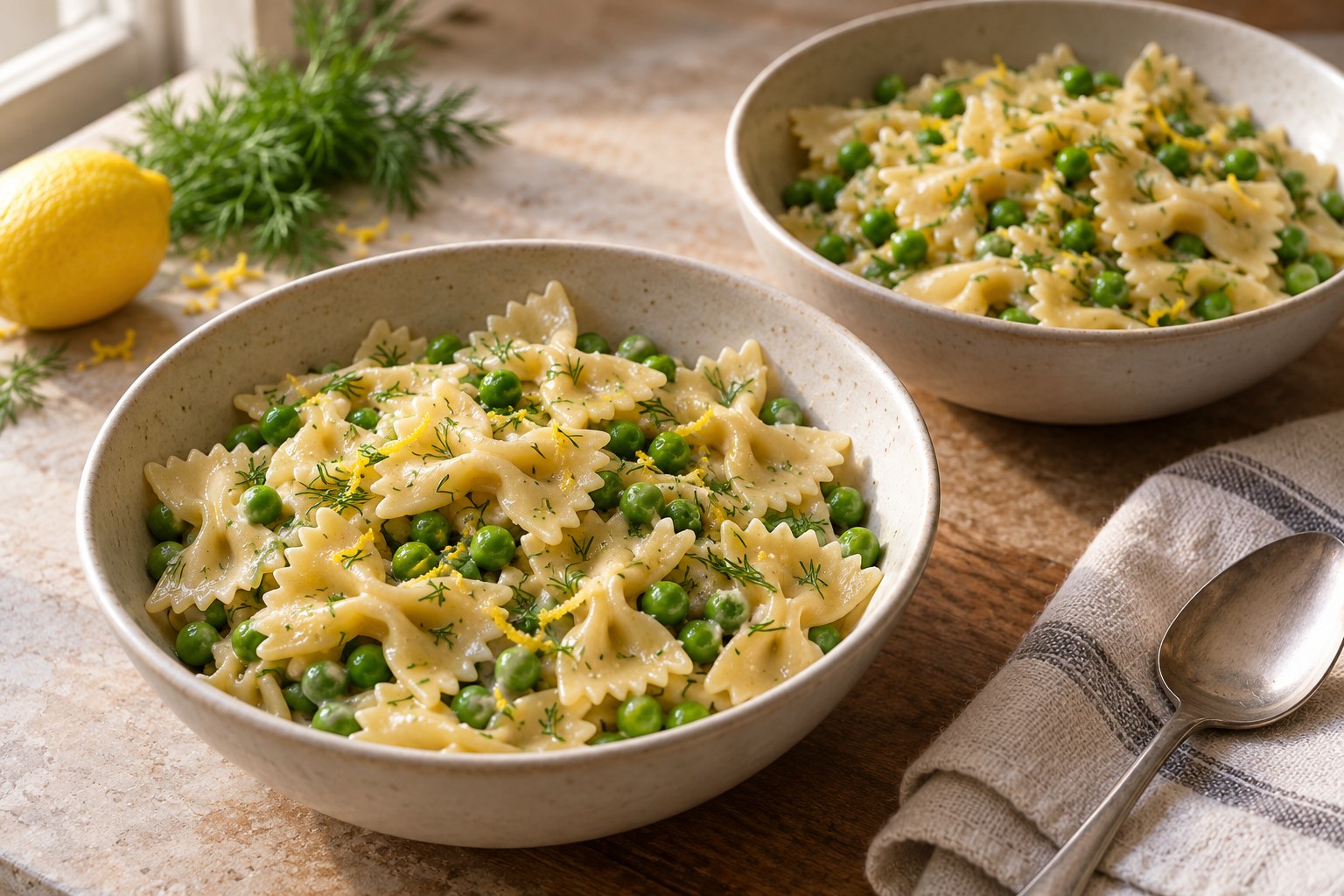 Farfalle and green peas have a thin pale sesame sauce with a little chopped dill and lemon zest.