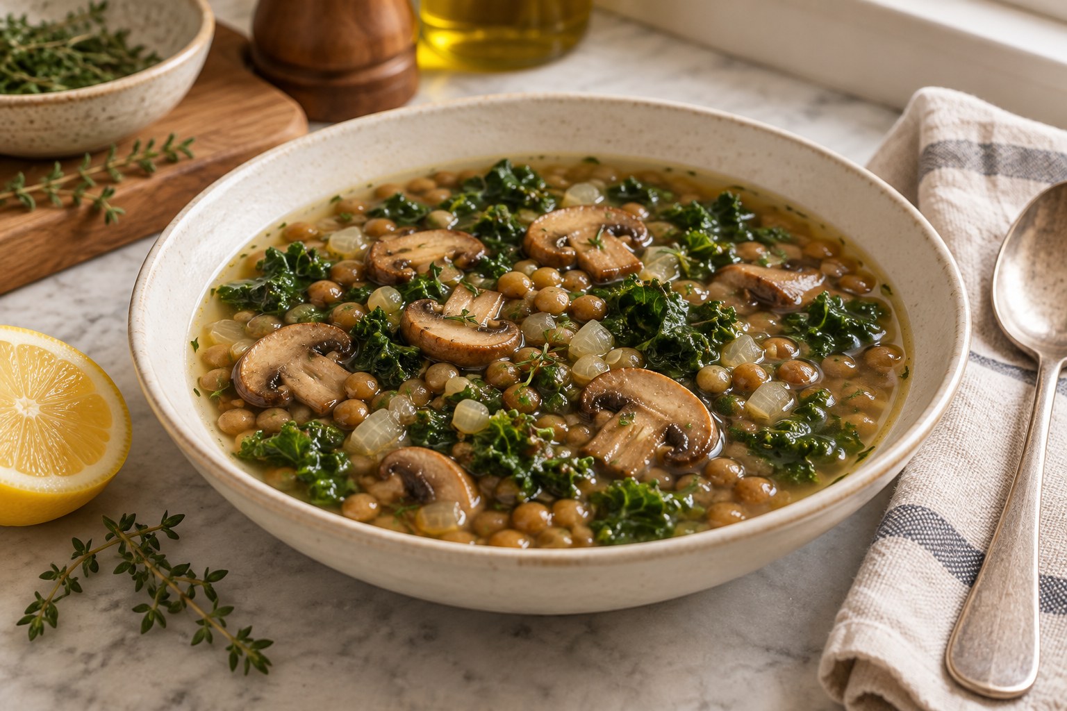 Lemony lentil and mushroom soup with kale in a bowl beside a lemon wedge