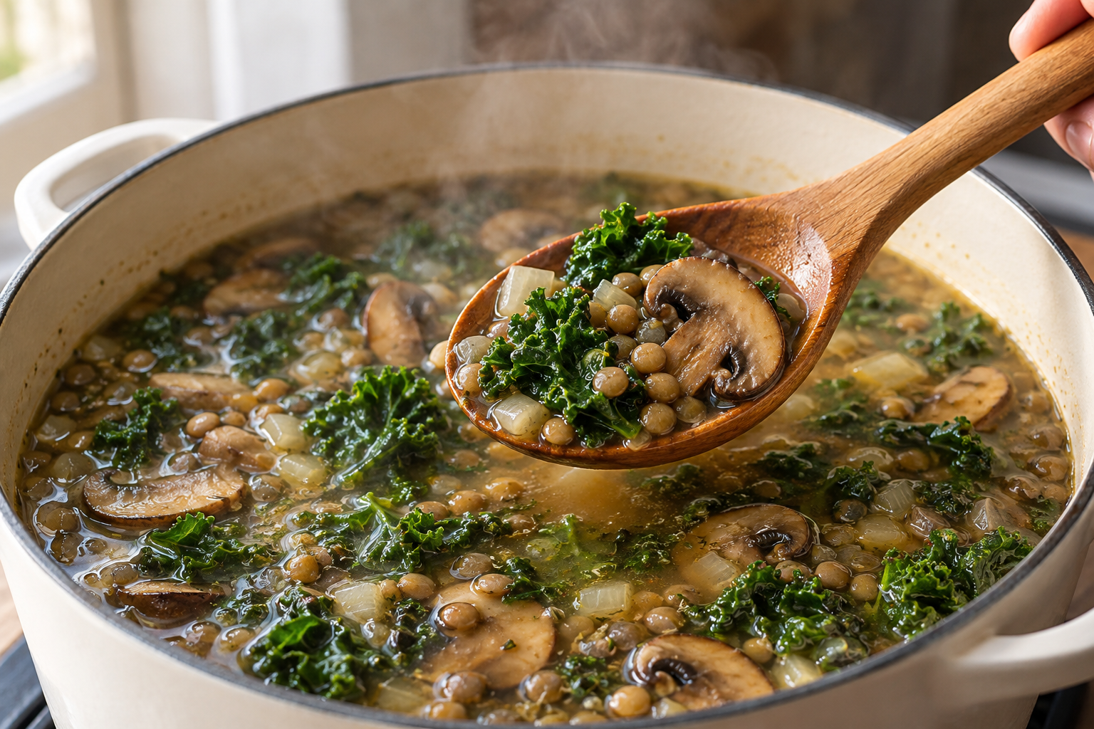 Lentils, sliced mushrooms and chopped kale simmering in broth, with a wooden spoon lifting the ingredients