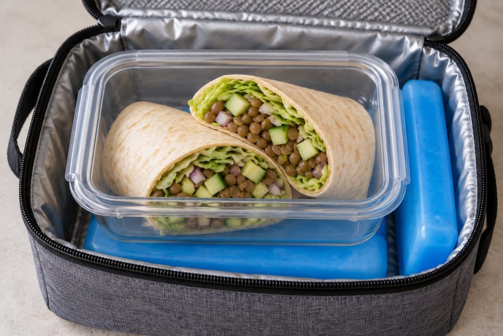 Two halves of a lentil cucumber wrap sit in a clear lunch container inside an insulated bag with two plain cold packs.