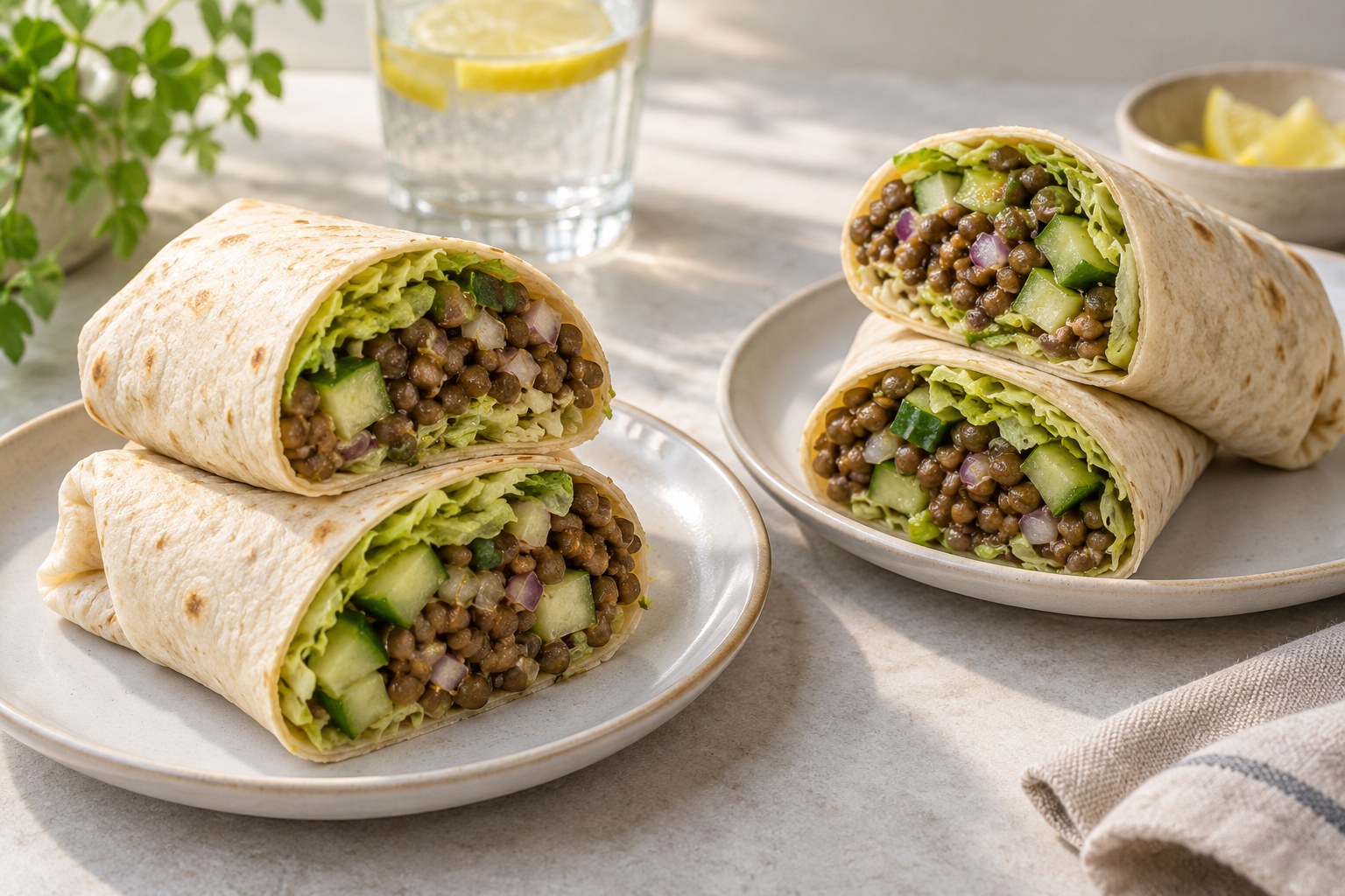 Two large lentil cucumber wraps cut diagonally, showing whole lentils, small cucumber dice, red onion and shredded lettuce.