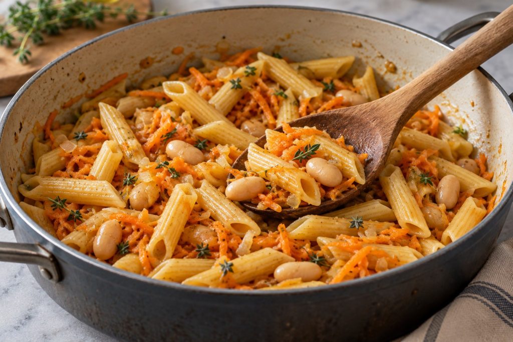 A broad spoon folds penne, whole white beans, and soft carrot strands through a light glossy coating.