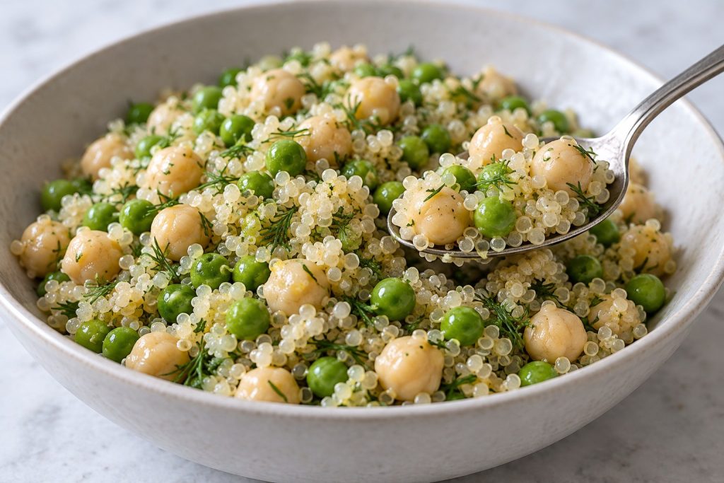A close spoonful of fluffy quinoa, green peas, and chickpeas with tiny dill pieces and a light lemon dressing.