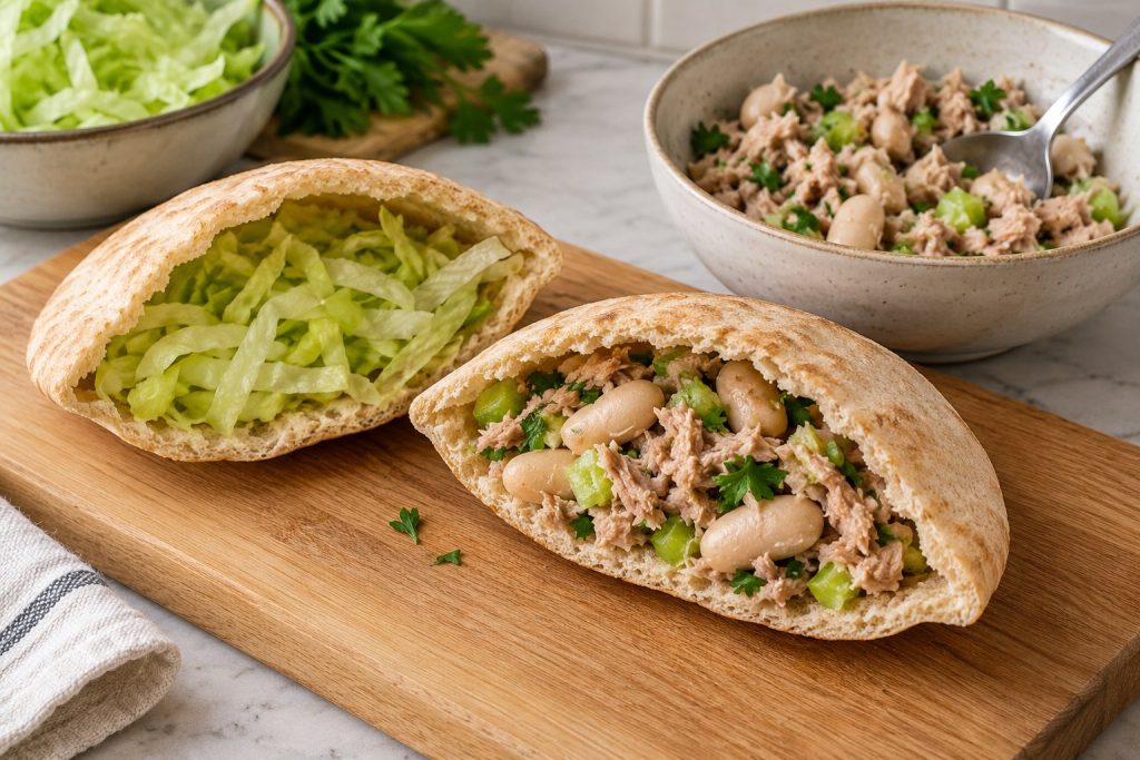 One pita half lined with shredded lettuce beside a second half filled with tuna and white beans.
