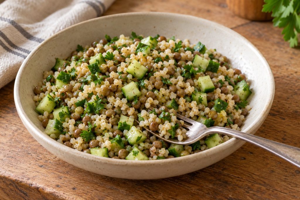Close view of bulgur, whole brown-green lentils and small cucumber cubes in a bowl, with a fork resting at the edge.