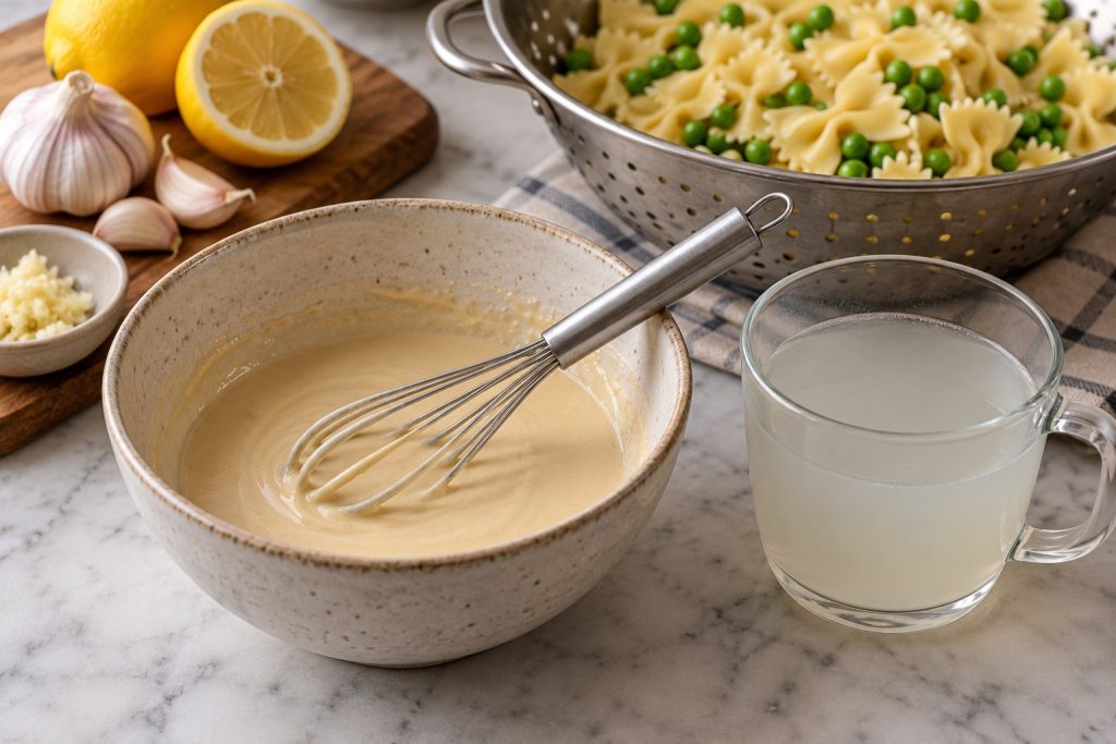 A small bowl of smooth lemon tahini sauce sits beside cooked farfalle and peas, with a whisk resting in the sauce.