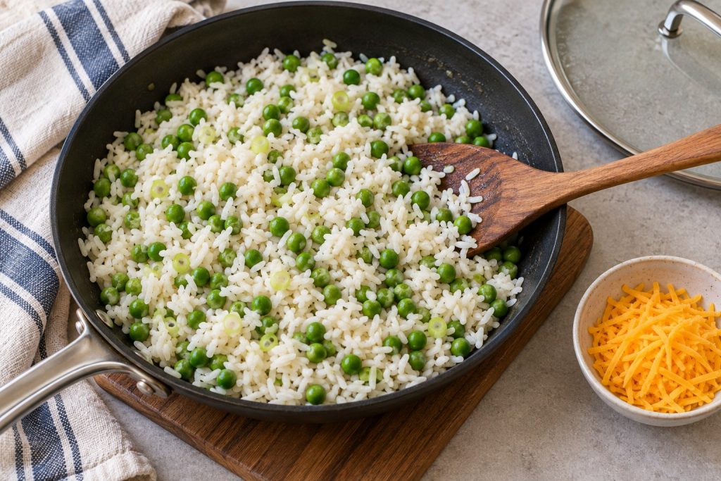 Separate rice grains and cooked peas in a skillet with its lid beside it, and shredded cheddar waiting in a small bowl.