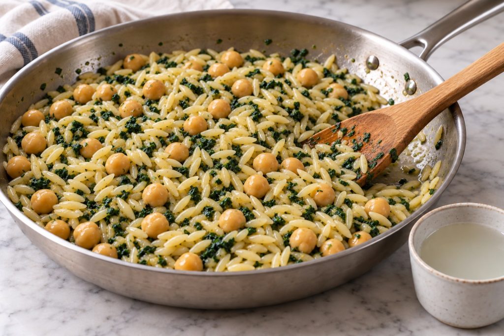 Orzo, chickpeas and chopped spinach in a wide skillet with a small cup of cloudy pasta water alongside.