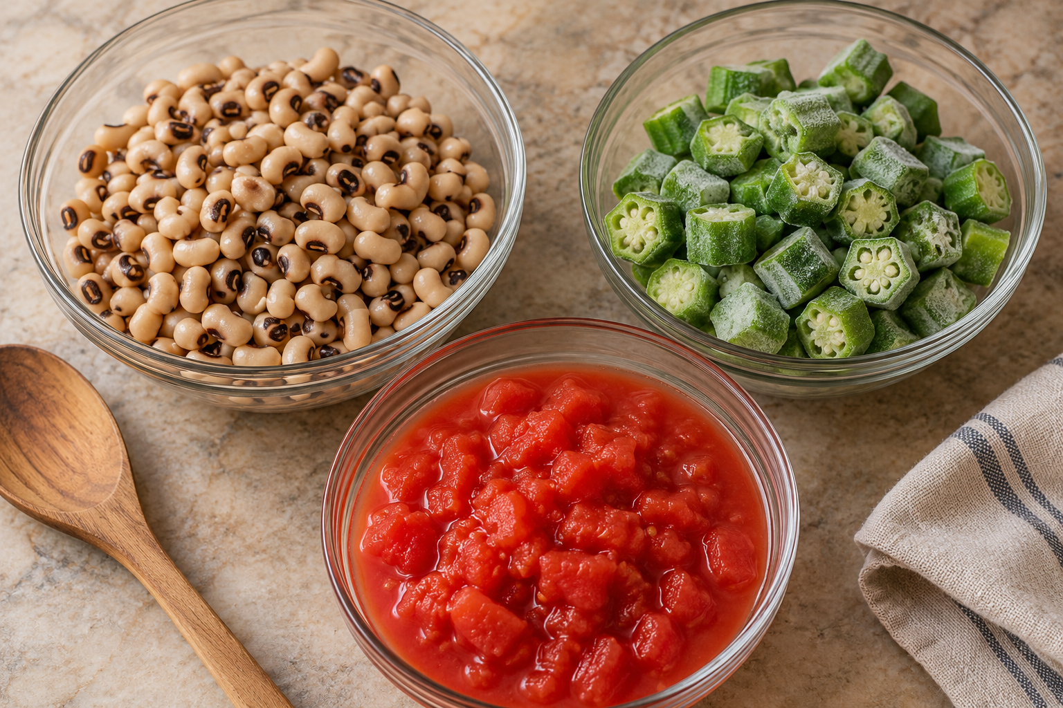 Bowls of black-eyed peas, frozen sliced okra and diced tomatoes.
