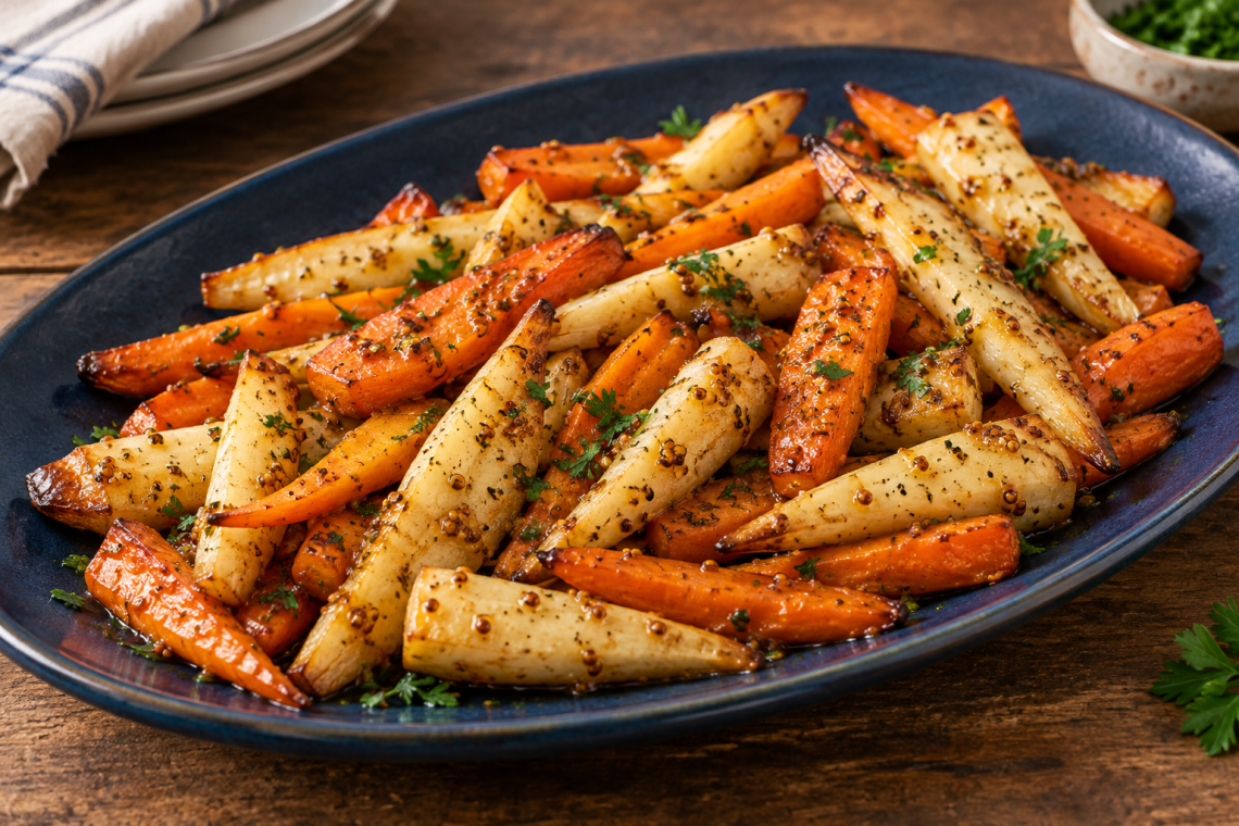 Roasted carrots and parsnips with a light mustard-seed glaze on a dark-blue platter