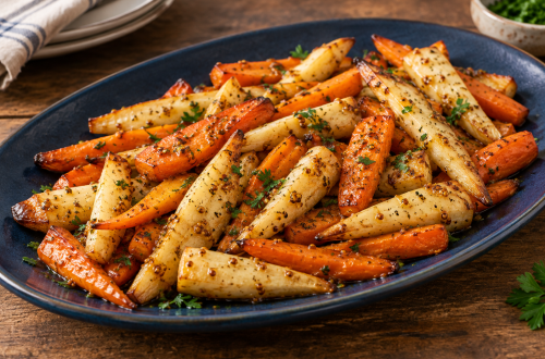Roasted carrots and parsnips with a light mustard-seed glaze on a dark-blue platter