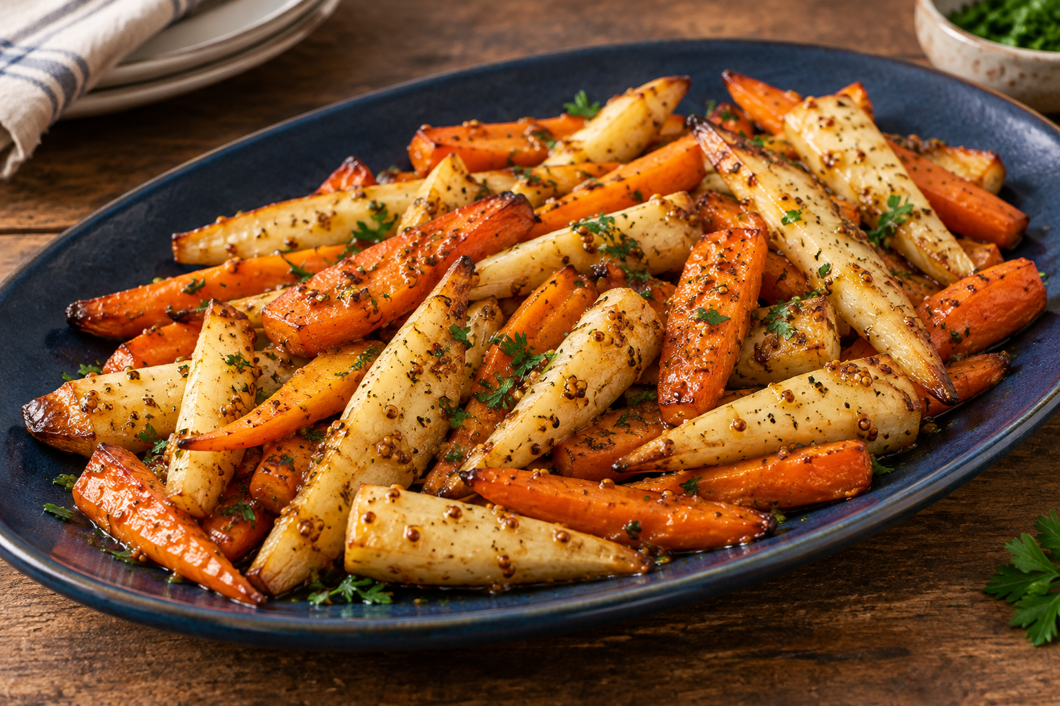 Roasted carrots and parsnips with a light mustard-seed glaze on a dark-blue platter