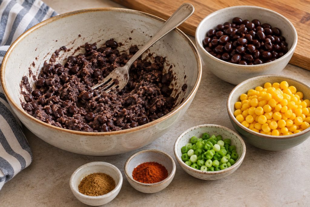 Partly mashed black beans in a bowl with cooked corn and finely chopped scallion ready to mix in.