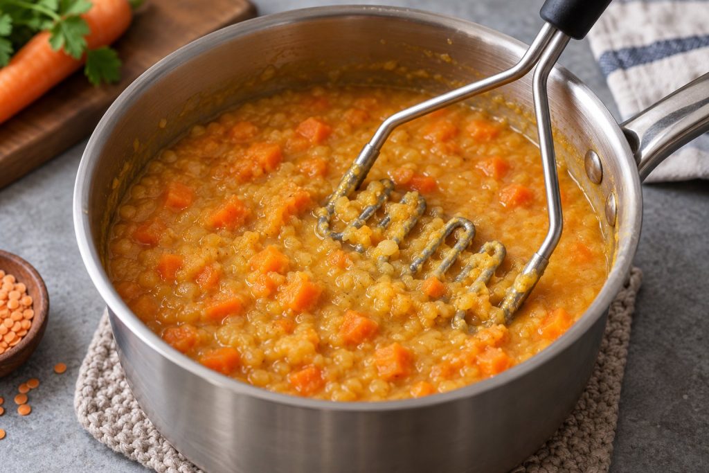 A potato masher in a saucepan of thick red lentil soup with soft carrot pieces.