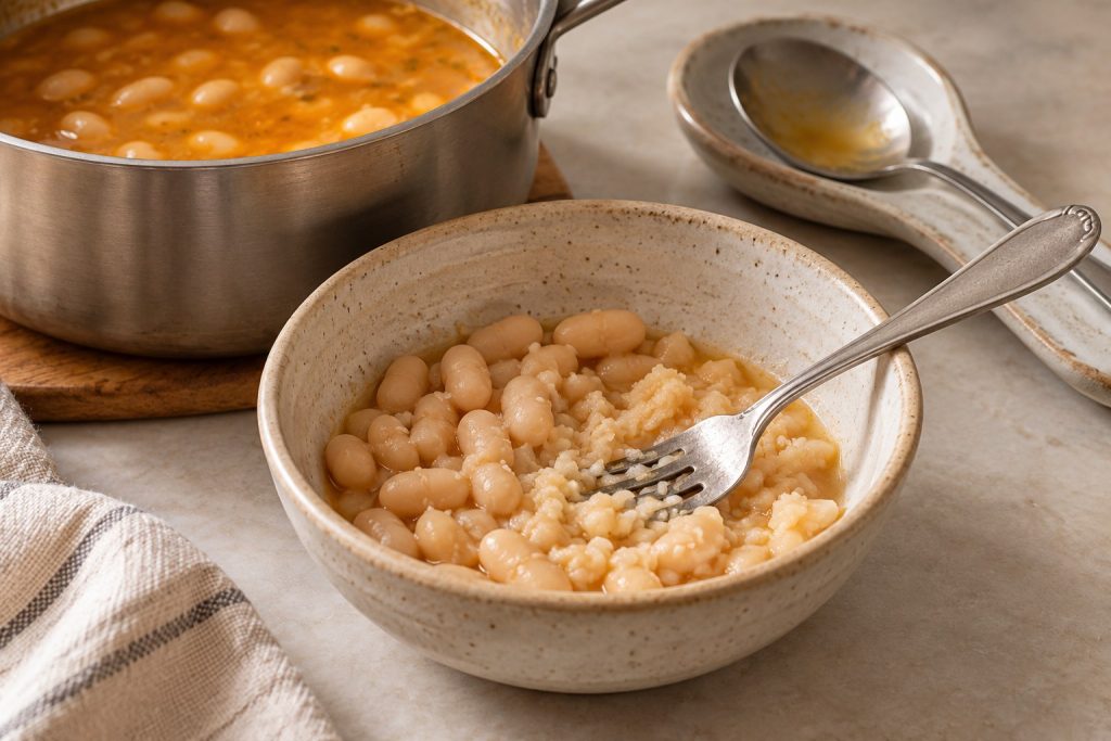 A small portion of white beans partly mashed with a fork and broth beside a saucepan of pumpkin bean soup.