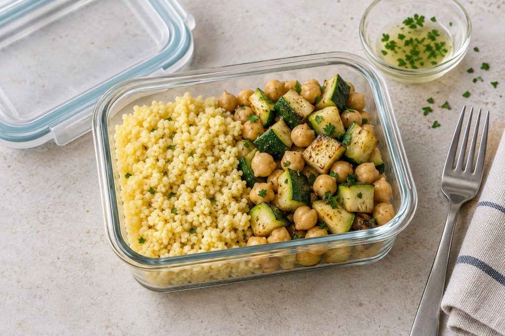 Cooked millet beside chickpeas and browned zucchini in a lunch container, with a small cup of lemon and parsley.