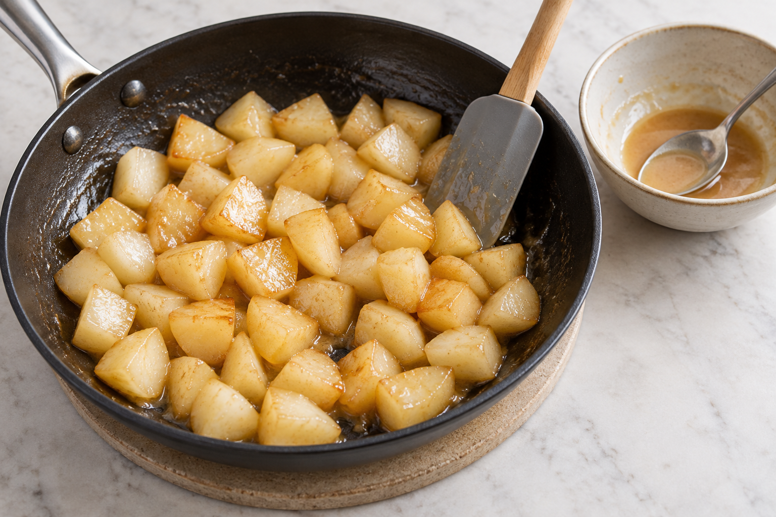 Tender diced pears coated with maple-miso glaze for miso pear semolina pudding for two