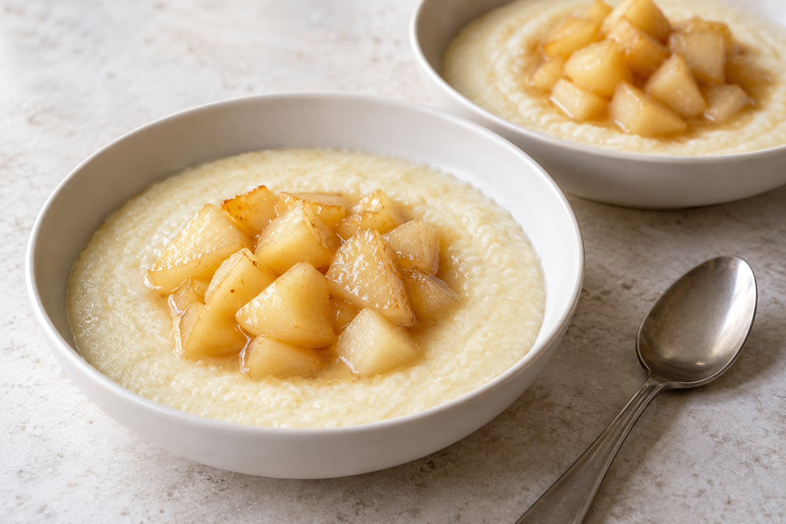 Miso pear semolina pudding for two in white bowls with tender glazed pear pieces