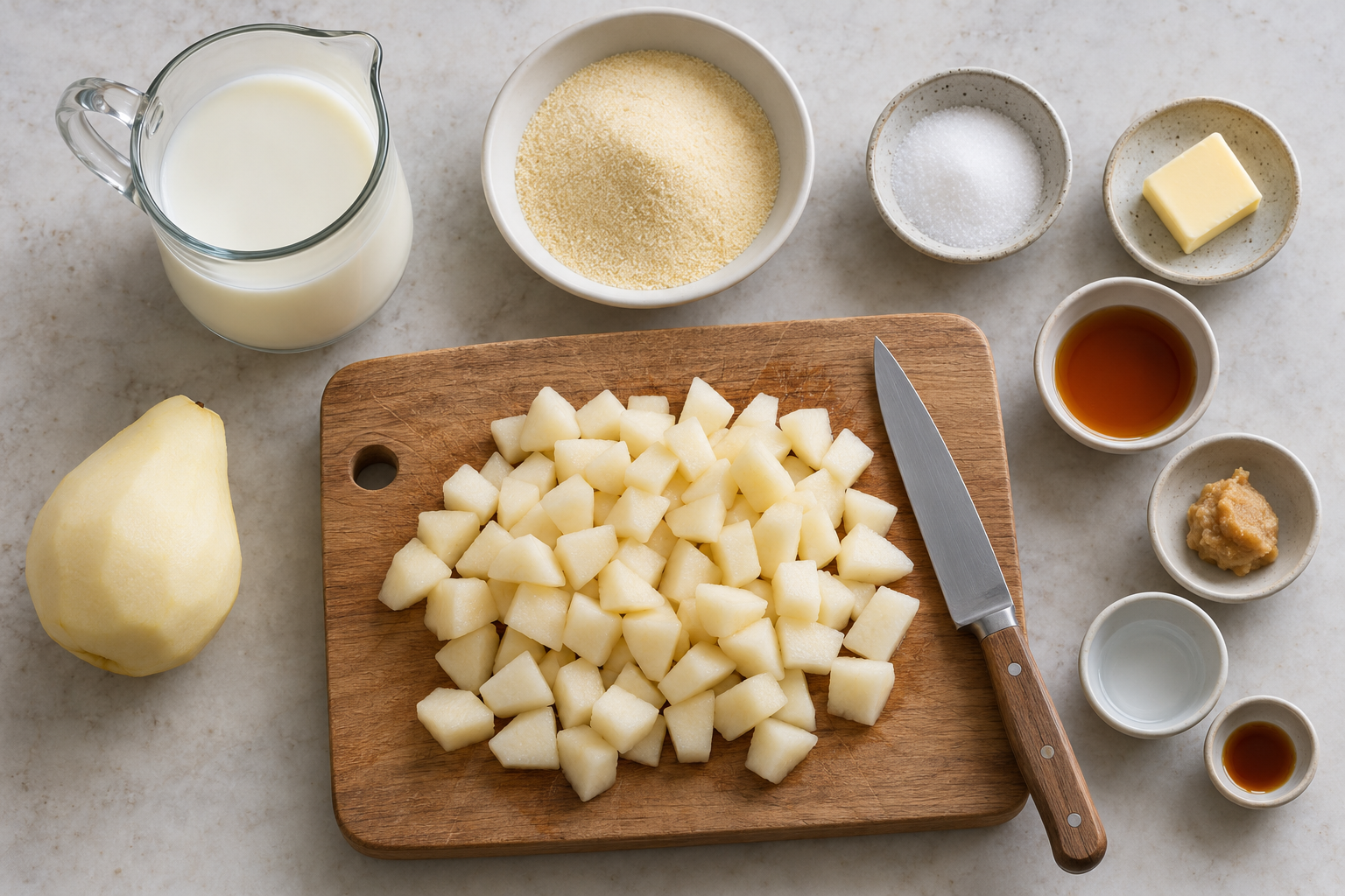 Milk, fine semolina, diced pear, white miso and maple syrup for miso pear semolina pudding for two