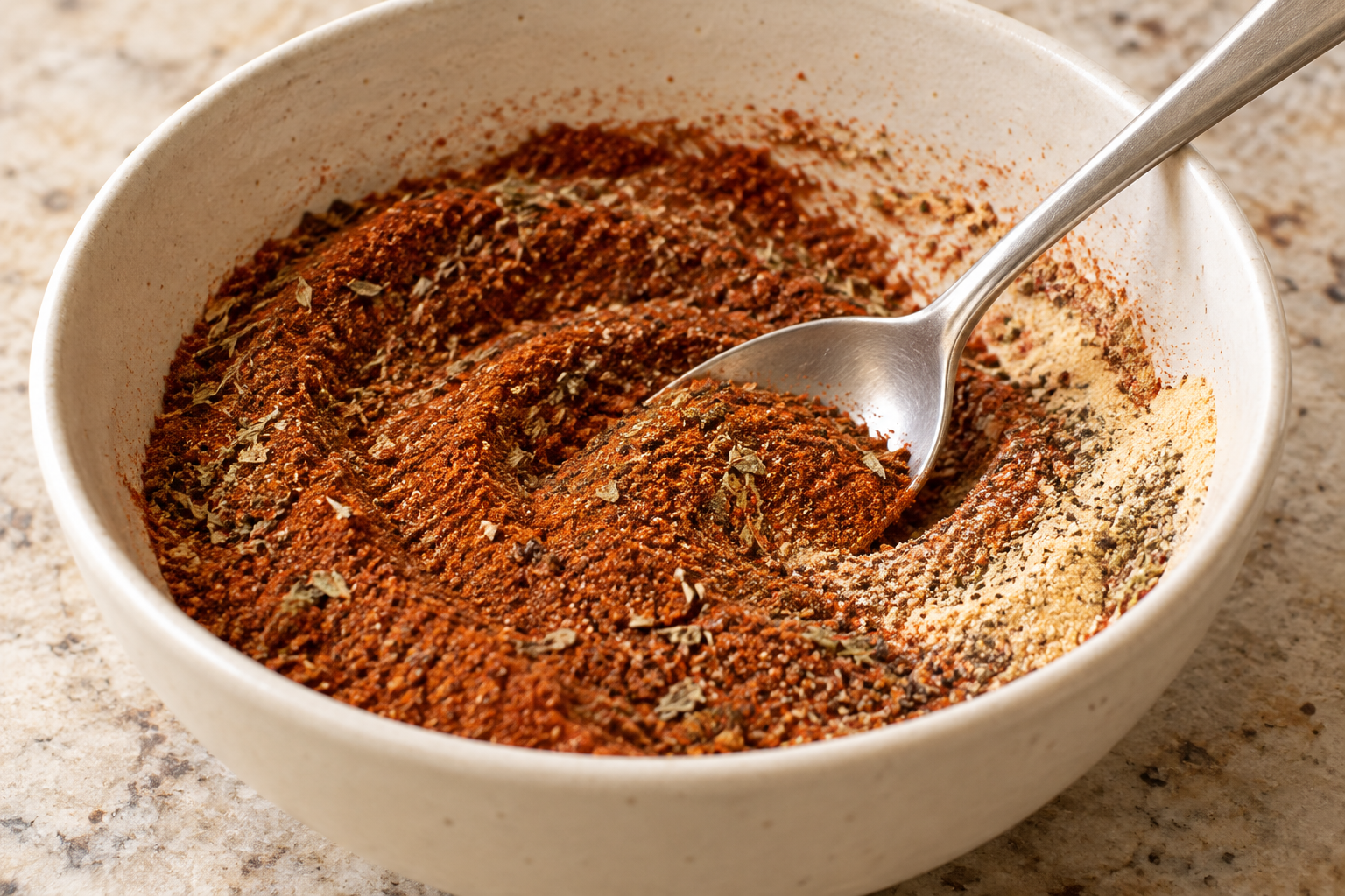 Spoon combining paprika, dried herbs and powdered spices in a bowl