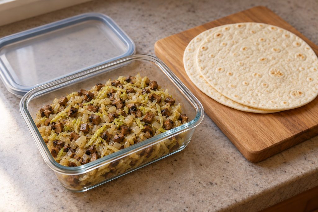 Cooked chopped mushrooms, cabbage and onion in a shallow container beside two unfilled flour tortillas.