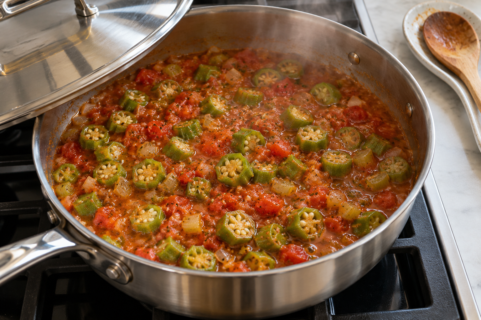 Sliced okra cooking in tomato sauce in a partially covered skillet.