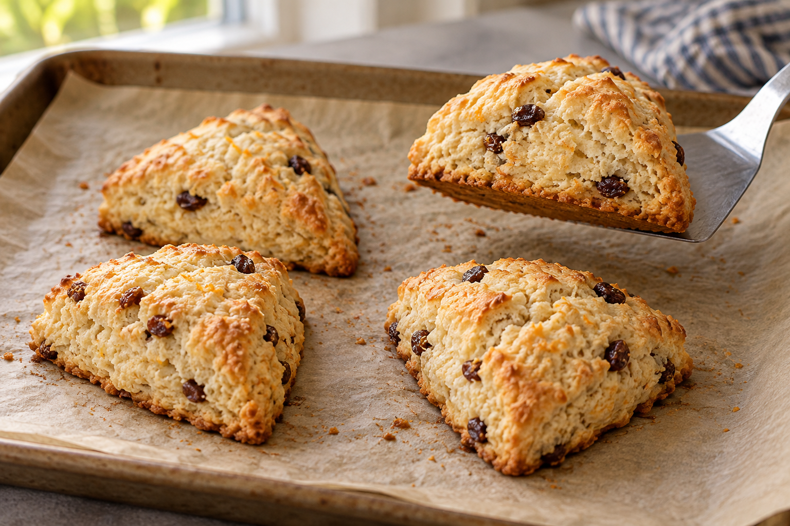 A scone with a lightly browned base and a set side edge