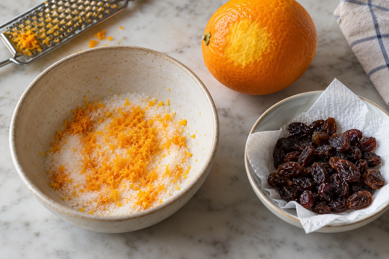 Orange zest mixed with sugar beside prepared raisins
