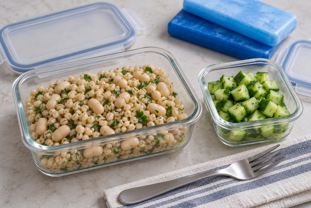 Dressed barley and white beans in one lunch container, with cucumber dice and parsley in a separate small container.