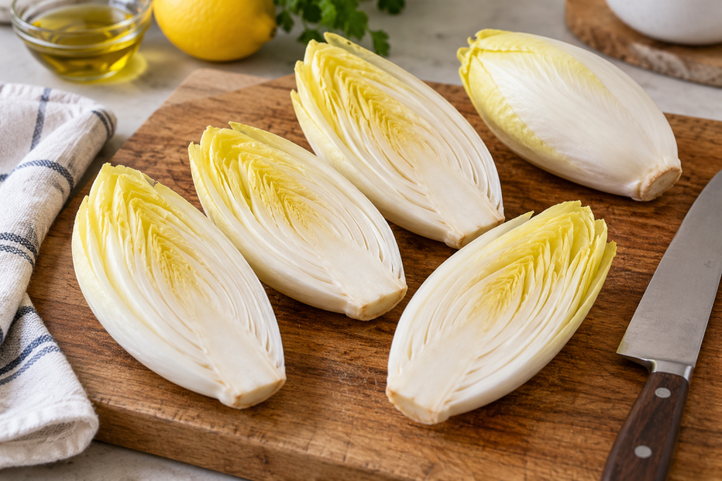 Halved endives with attached bases for pan seared Belgian endive without wine