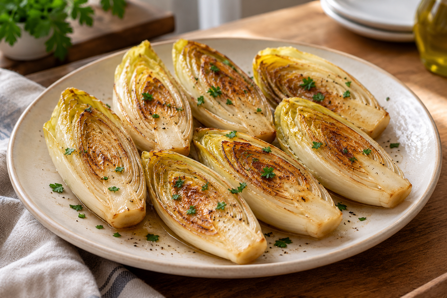Pan seared Belgian endive without wine on a white plate, topped with parsley