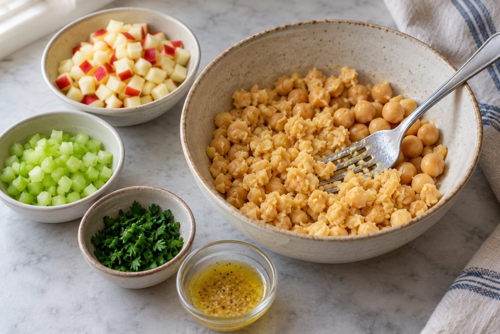 A fork beside roughly mashed and whole chickpeas, with small bowls of diced apple, celery, parsley, and lemon dressing.