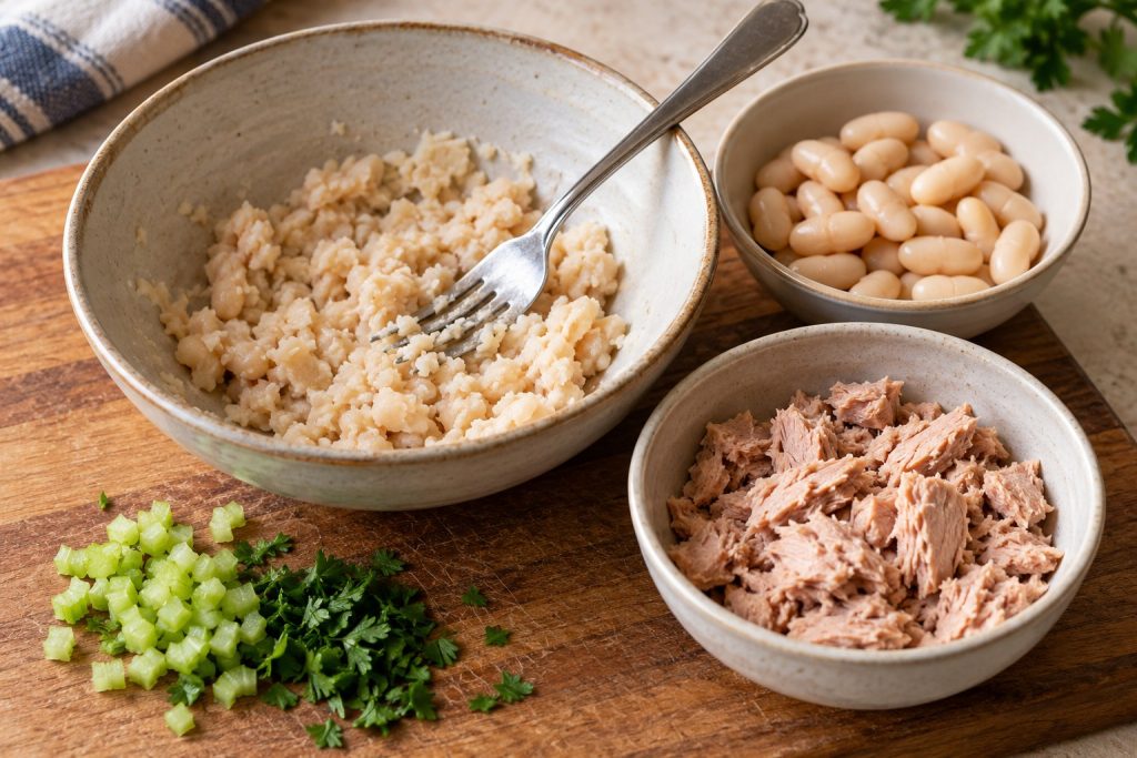 A small portion of cannellini beans mashed with a fork beside whole beans and drained flaked tuna.