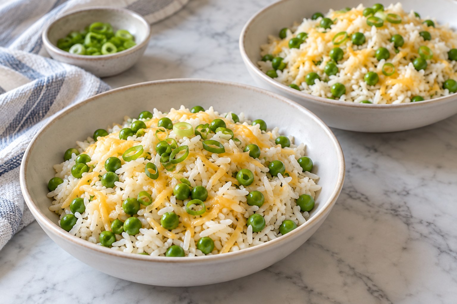 Two small bowls of warm rice with green peas, a light melted cheddar coating, and sliced scallion greens.